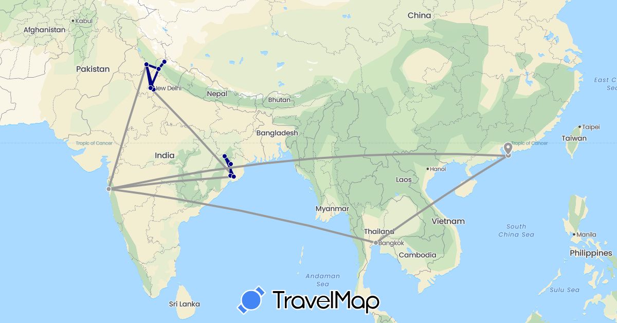 TravelMap itinerary: driving, plane in China, India, Thailand (Asia)